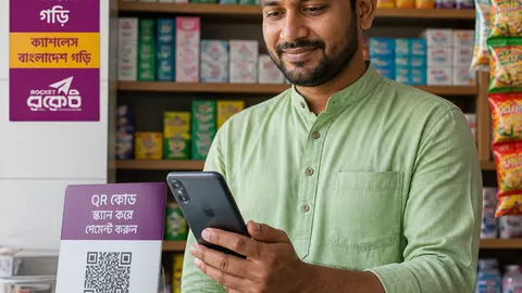 বাংলাদেশি ছোট ব্যবসায়ী বাংলা QR কোড স্ক্যান করে ডিজিটাল পেমেন্ট নিচ্ছেন