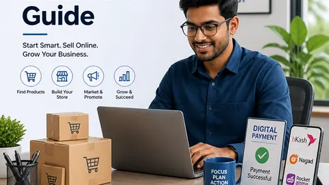 বাংলাদেশে অনলাইন ব্যবসা উদ্যোক্তা ল্যাপটপে কাজ করছেন ডিজিটাল পেমেন্ট আইকনসহ