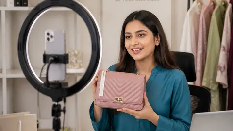 Bangladeshi woman recording short video reels on smartphone for online reselling business with ring light setup