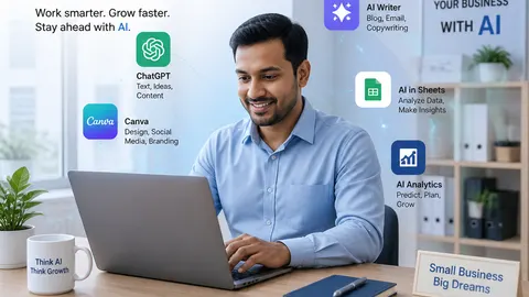 বাংলাদেশের ছোট ব্যবসায়ী ল্যাপটপে AI tools ব্যবহার করছেন professional office background