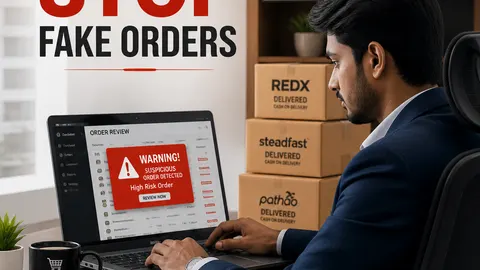 Bangladesh reseller checking fake orders on laptop with courier packages and fraud warning alerts