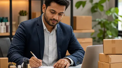বাংলাদেশি রিসেলার ডেস্কে ল্যাপটপে পণ্যের মূল্য হিসাব করছেন