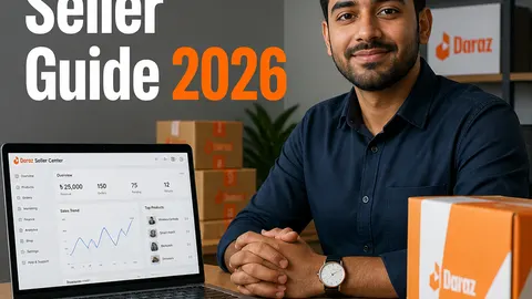 বাংলাদেশি অনলাইন সেলার ল্যাপটপে Daraz ড্যাশবোর্ড দেখছেন ডেলিভারি প্যাকেজ সামনে রেখে